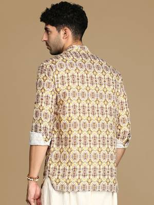 Sanwara men's cotton yellow printed trendy short kurta 4