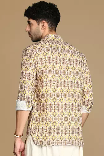 Sanwara men's cotton yellow printed trendy short kurta