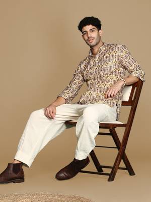 Sanwara men's cotton yellow printed trendy short kurta 5