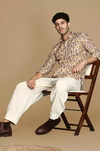 Sanwara men's cotton yellow printed trendy short kurta