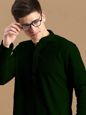 Sanwara men's cotton deep green chikankari designer trendy kurta 1
