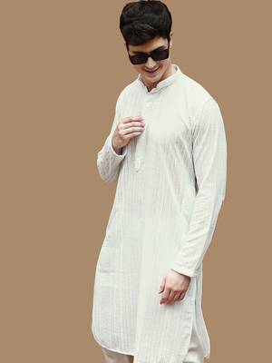 Sanwara men's cotton off white chikankari elite kurta 1