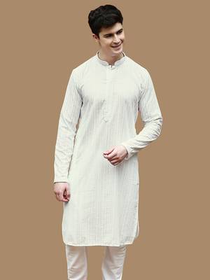 Sanwara men's cotton off white chikankari elite kurta 2