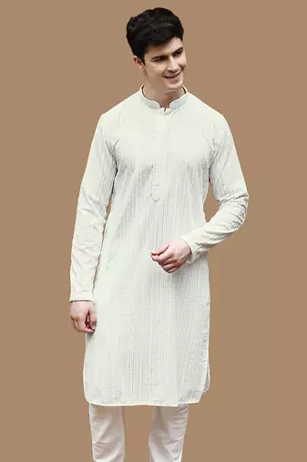 Sanwara men's cotton off white chikankari elite kurta