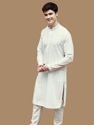 Sanwara men's cotton off white chikankari elite kurta 3