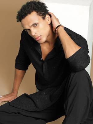 Dapper & dazzling men's solid black chikankari with sequins party wear cotton kurta by sanwara 1