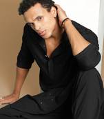 Dapper & dazzling men's solid black chikankari with sequins party wear cotton kurta by sanwara