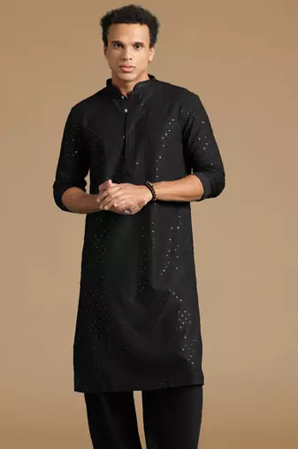 Dapper & dazzling men's solid black chikankari with sequins party wear cotton kurta by sanwara
