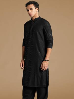 Dapper & dazzling men's solid black chikankari with sequins party wear cotton kurta by sanwara 3