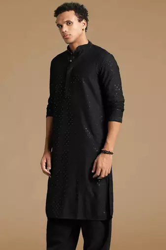 Dapper & dazzling men's solid black chikankari with sequins party wear cotton kurta by sanwara