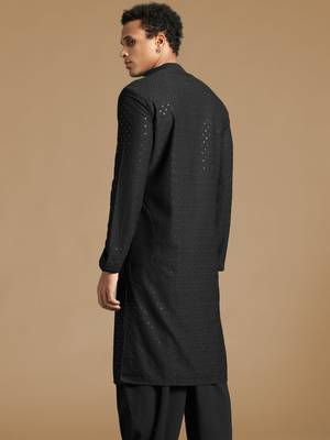 Dapper & dazzling men's solid black chikankari with sequins party wear cotton kurta by sanwara 4
