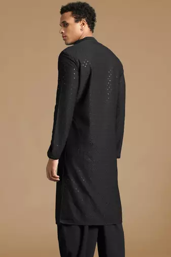Dapper & dazzling men's solid black chikankari with sequins party wear cotton kurta by sanwara