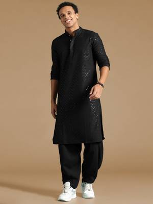 Dapper & dazzling men's solid black chikankari with sequins party wear cotton kurta by sanwara 5