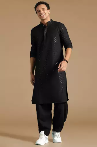 Dapper & dazzling men's solid black chikankari with sequins party wear cotton kurta by sanwara