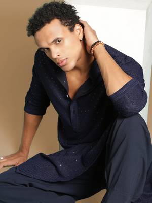 Dapper & dazzling men's solid deep blue chikankari with sequins party wear cotton kurta by sanwara 1