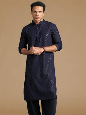 Dapper & dazzling men's solid deep blue chikankari with sequins party wear cotton kurta by sanwara 2