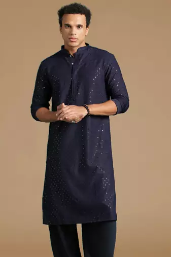 Dapper & dazzling men's solid deep blue chikankari with sequins party wear cotton kurta by sanwara