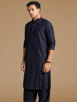 Dapper & dazzling men's solid deep blue chikankari with sequins party wear cotton kurta by sanwara 3