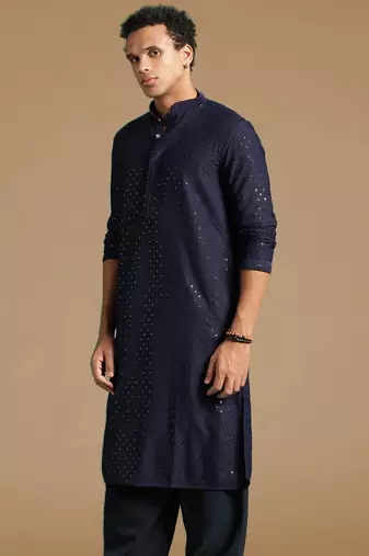 Dapper & dazzling men's solid deep blue chikankari with sequins party wear cotton kurta by sanwara