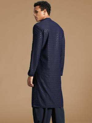 Dapper & dazzling men's solid deep blue chikankari with sequins party wear cotton kurta by sanwara 4