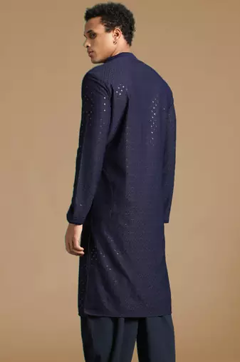 Dapper & dazzling men's solid deep blue chikankari with sequins party wear cotton kurta by sanwara