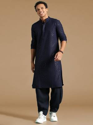 Dapper & dazzling men's solid deep blue chikankari with sequins party wear cotton kurta by sanwara 5