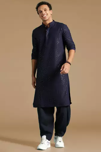 Dapper & dazzling men's solid deep blue chikankari with sequins party wear cotton kurta by sanwara