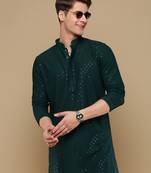 Dapper & dazzling men's solid deep green chikankari with sequins party wear cotton kurta by sanwara