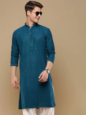 Dapper & dazzling men's solid firozi chikankari with sequins party wear cotton kurta by sanwara 1