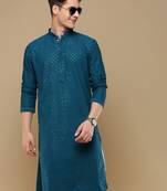 Dapper & dazzling men's solid firozi chikankari with sequins party wear cotton kurta by sanwara