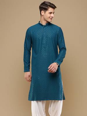 Dapper & dazzling men's solid firozi chikankari with sequins party wear cotton kurta by sanwara 2