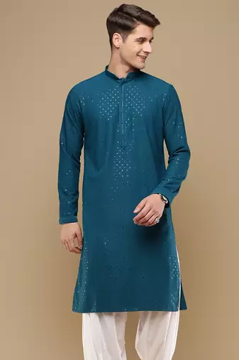 Dapper & dazzling men's solid firozi chikankari with sequins party wear cotton kurta by sanwara