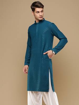 Dapper & dazzling men's solid firozi chikankari with sequins party wear cotton kurta by sanwara 3