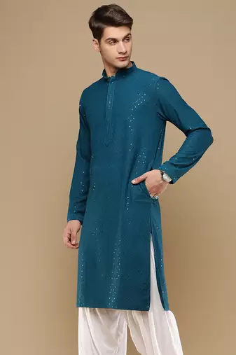 Dapper & dazzling men's solid firozi chikankari with sequins party wear cotton kurta by sanwara