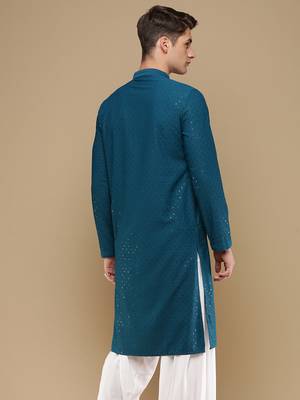 Dapper & dazzling men's solid firozi chikankari with sequins party wear cotton kurta by sanwara 4