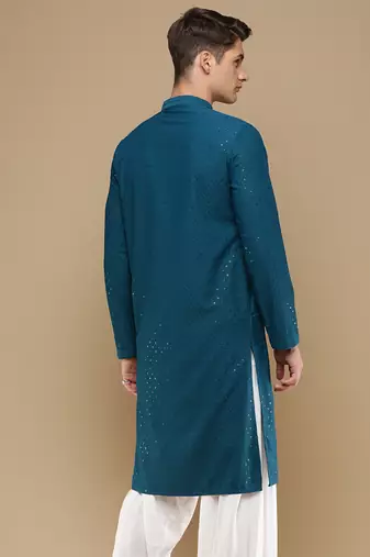 Dapper & dazzling men's solid firozi chikankari with sequins party wear cotton kurta by sanwara
