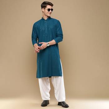 Dapper & dazzling men's solid firozi chikankari with sequins party wear cotton kurta by sanwara 5