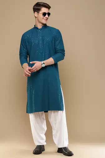 Dapper & dazzling men's solid firozi chikankari with sequins party wear cotton kurta by sanwara