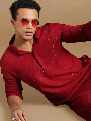 Dapper & dazzling men's solid maroon chikankari with sequins party wear cotton kurta by sanwara 1