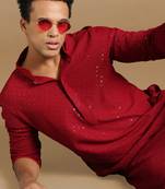 Dapper & dazzling men's solid maroon chikankari with sequins party wear cotton kurta by sanwara
