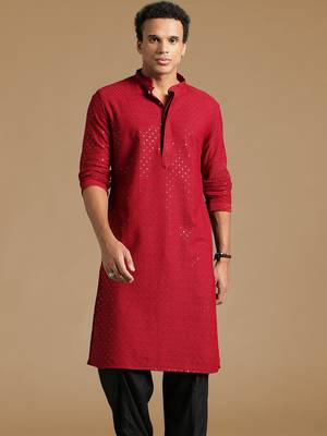 Dapper & dazzling men's solid maroon chikankari with sequins party wear cotton kurta by sanwara 2