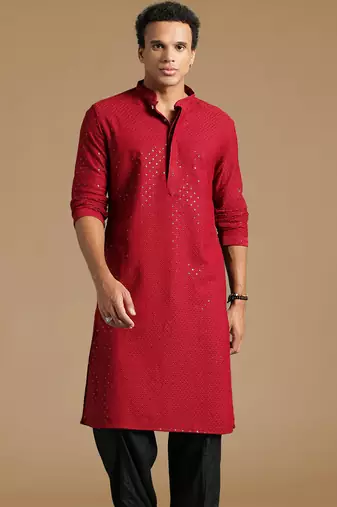 Dapper & dazzling men's solid maroon chikankari with sequins party wear cotton kurta by sanwara