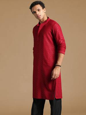 Dapper & dazzling men's solid maroon chikankari with sequins party wear cotton kurta by sanwara 3