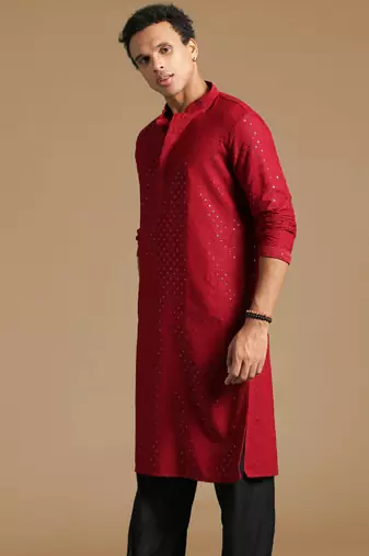 Dapper & dazzling men's solid maroon chikankari with sequins party wear cotton kurta by sanwara