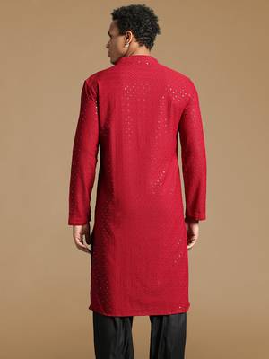 Dapper & dazzling men's solid maroon chikankari with sequins party wear cotton kurta by sanwara 4