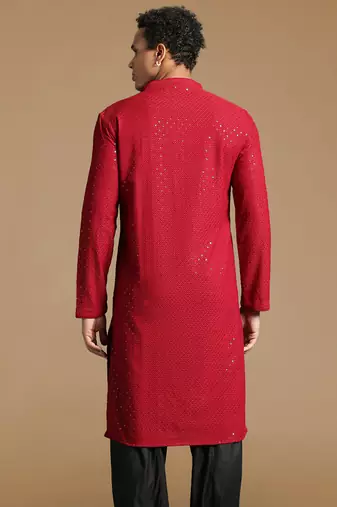 Dapper & dazzling men's solid maroon chikankari with sequins party wear cotton kurta by sanwara