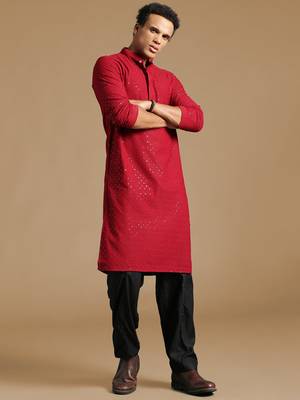 Dapper & dazzling men's solid maroon chikankari with sequins party wear cotton kurta by sanwara 5