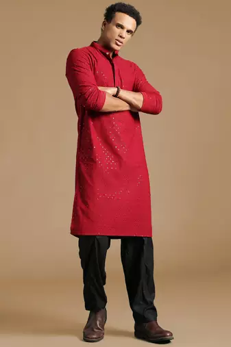 Dapper & dazzling men's solid maroon chikankari with sequins party wear cotton kurta by sanwara