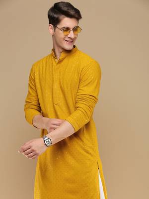 Dapper & dazzling men's solid mustard chikankari with sequins party wear cotton kurta by sanwara 1