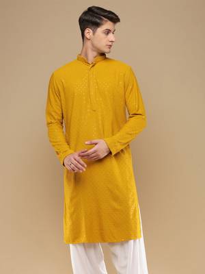 Dapper & dazzling men's solid mustard chikankari with sequins party wear cotton kurta by sanwara 2